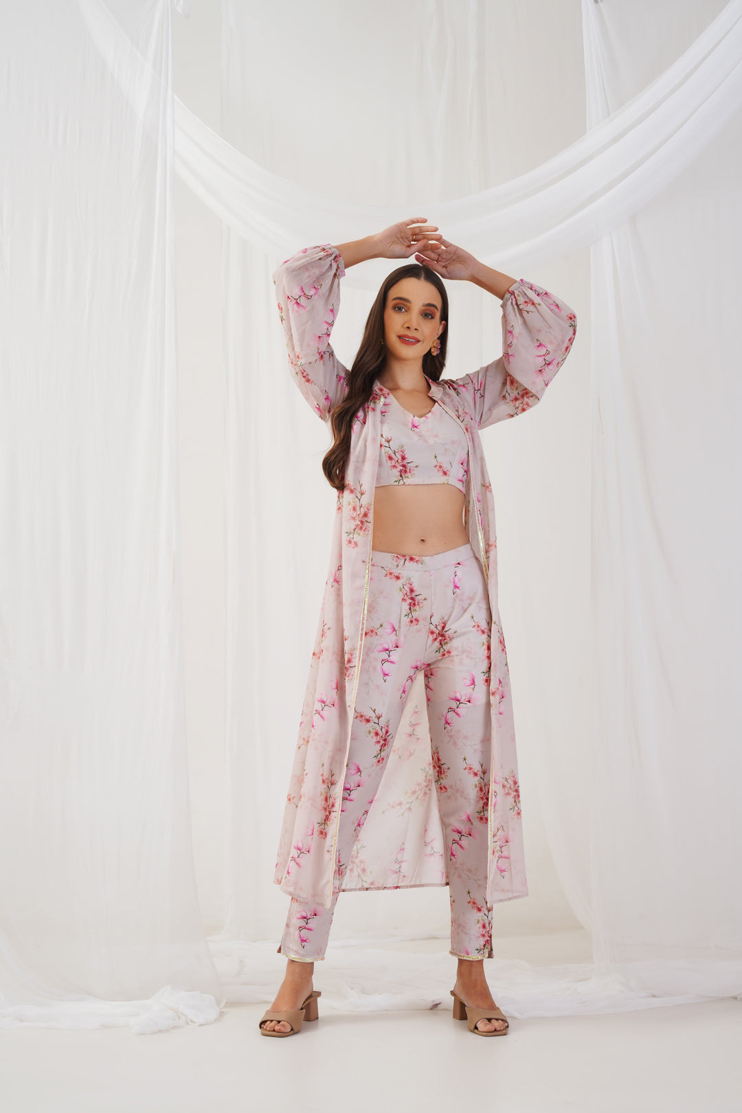 Women's Cream Floral Printed Crop Top with Trousers & Shrug - Taantav