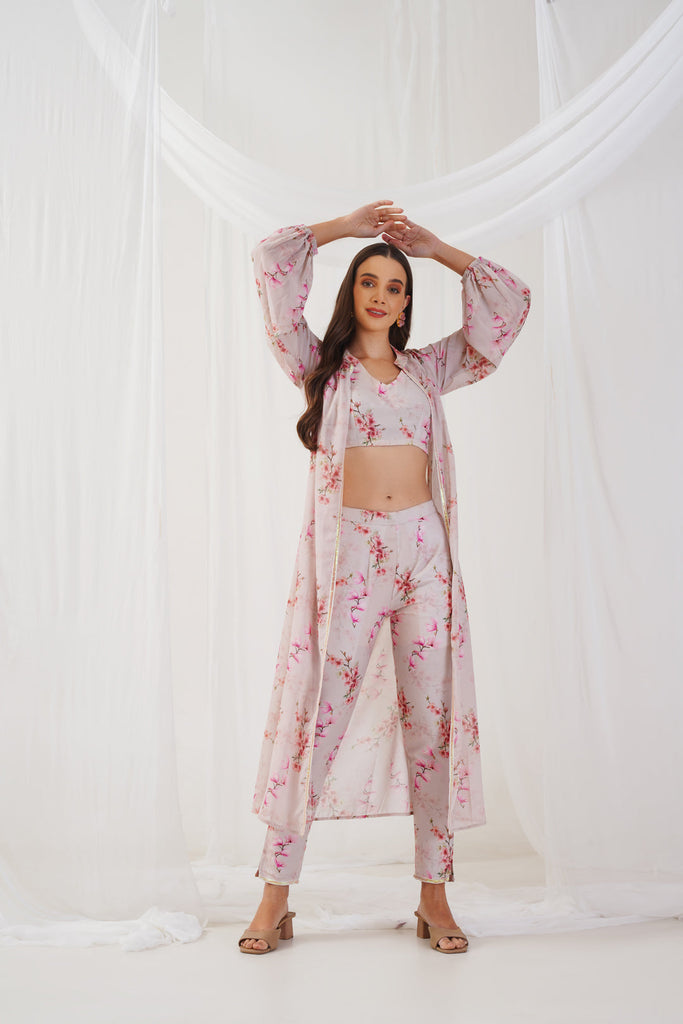 Women's Cream Floral Printed Crop Top with Trousers & Shrug