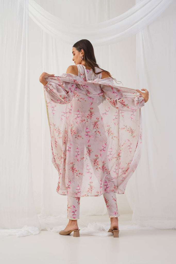 Women's Cream Floral Printed Crop Top with Trousers & Shrug