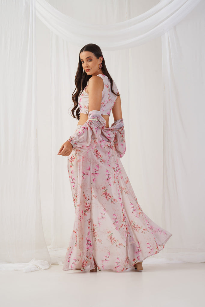 Women's Cream Floral Printed Crop Top with Trousers & Shrug