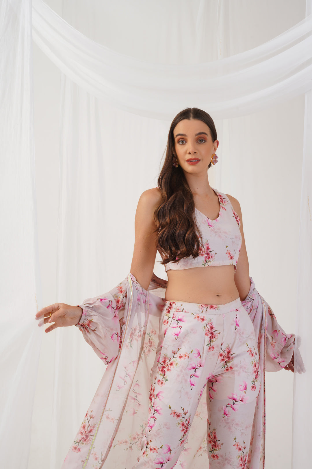 Women's Cream Floral Printed Crop Top with Trousers & Shrug - Taantav