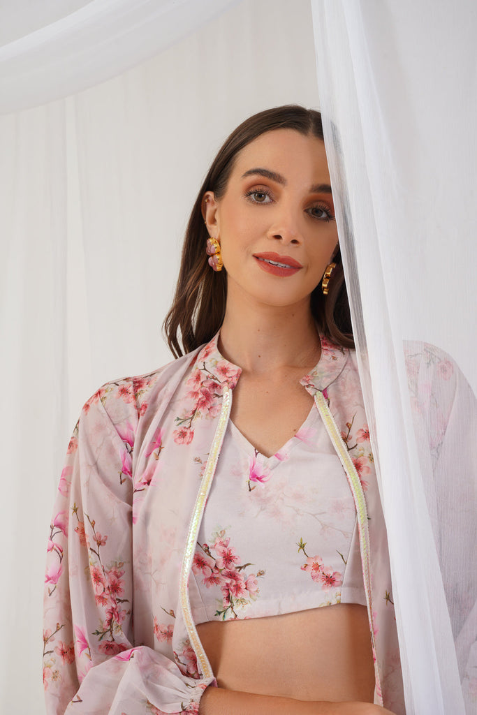 Women's Cream Floral Printed Crop Top with Trousers & Shrug