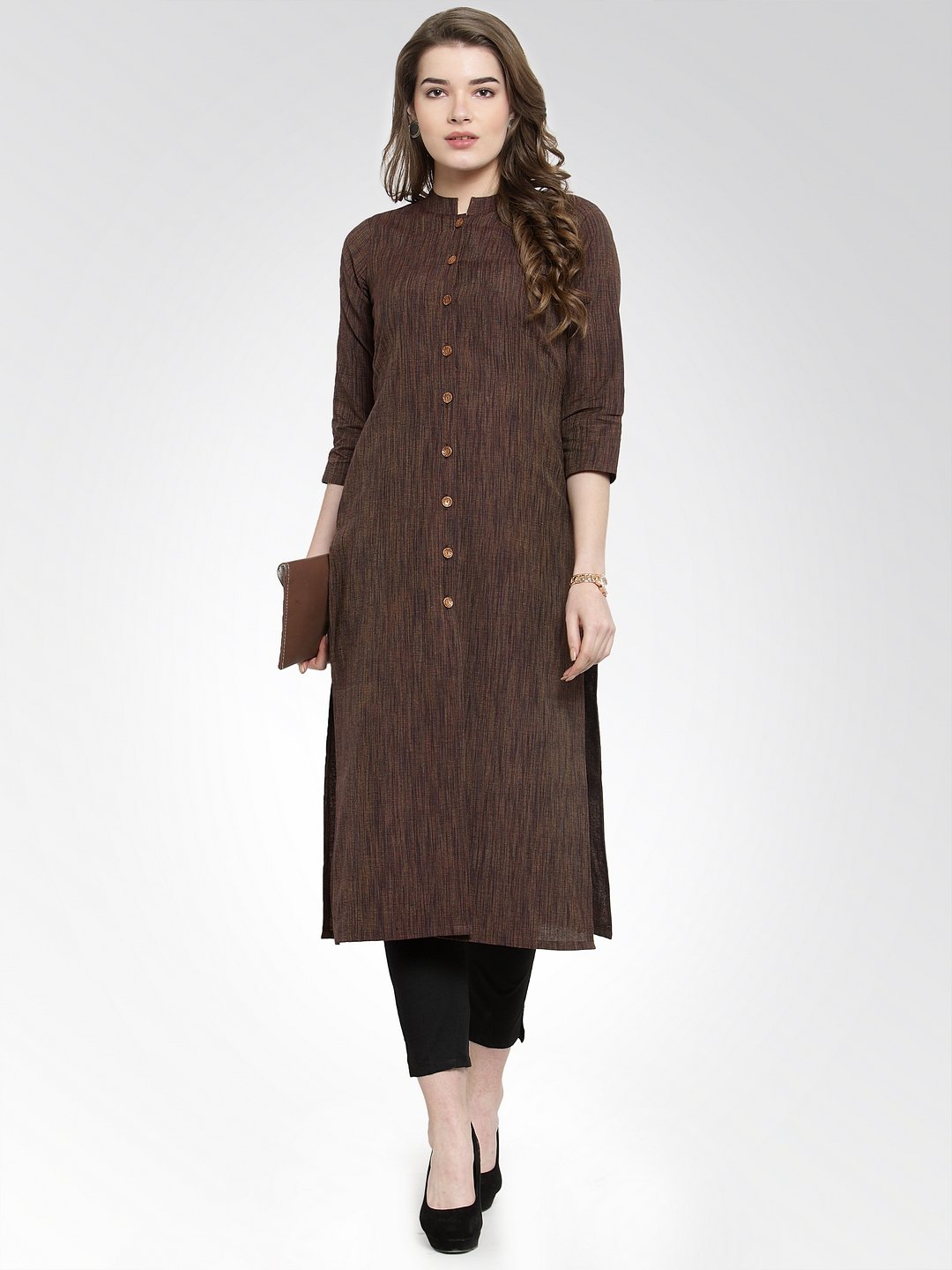 Women's Brown self design straight Kurta with Trousers - Final Clearance Sale