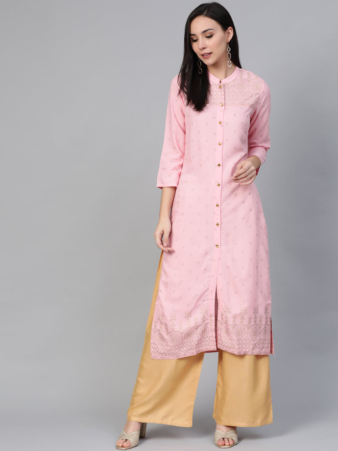 Women's Pink & Gold-Toned Printed Straight Kurta - Taantav