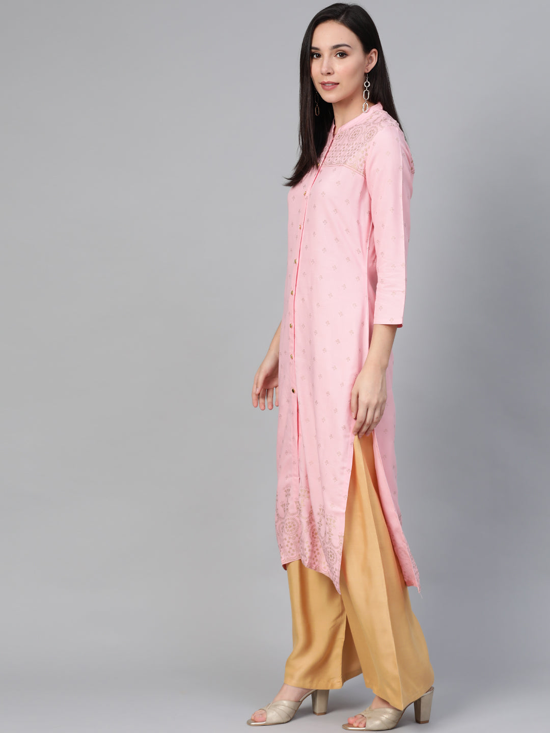 Women's Pink & Gold-Toned Printed Straight Kurta - Taantav