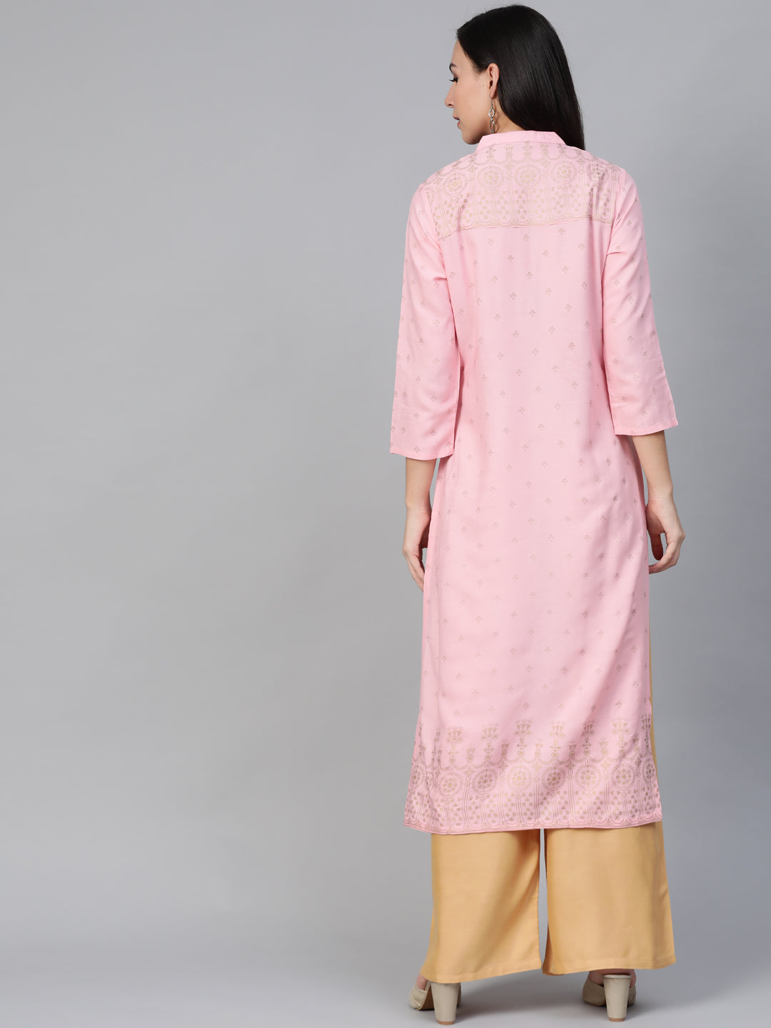 Women's Pink & Gold-Toned Printed Straight Kurta - Taantav