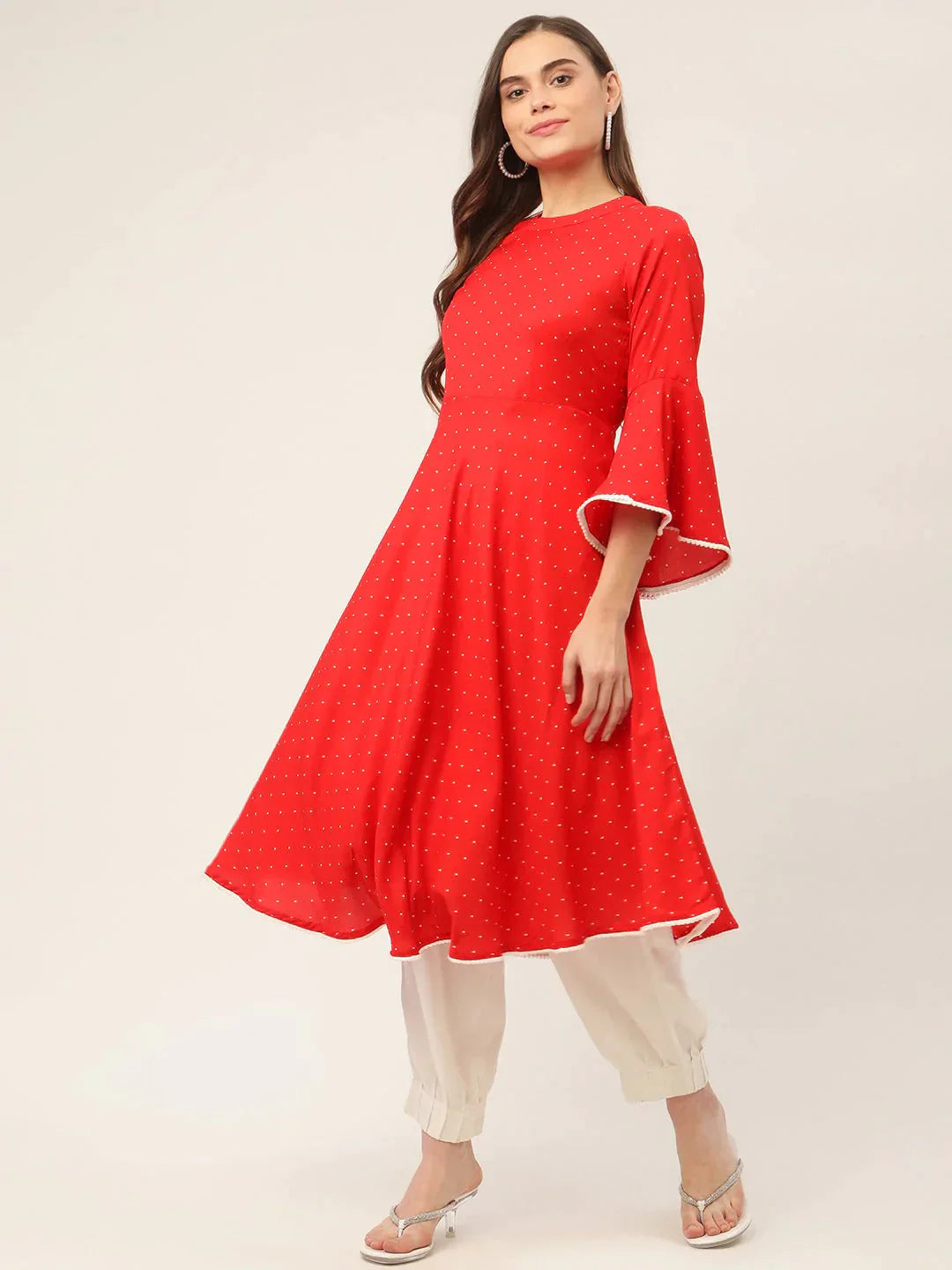 Women's flared sleeves, pom-pom lace flared kurta - Taantav