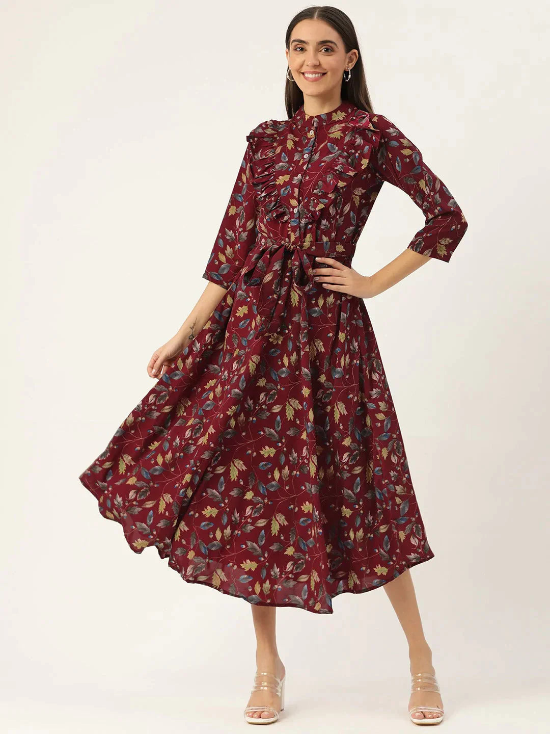 Women's Maroon Flared Printed kurta - Taantav