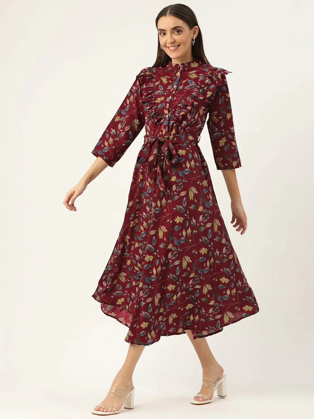 Women's Maroon Flared Printed kurta - Taantav