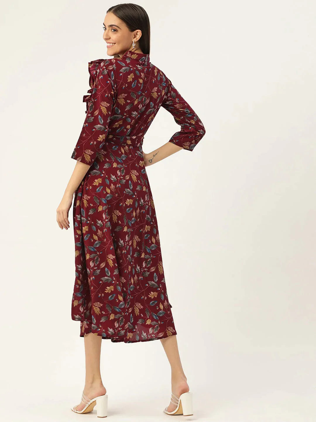 Women's Maroon Flared Printed kurta - Taantav