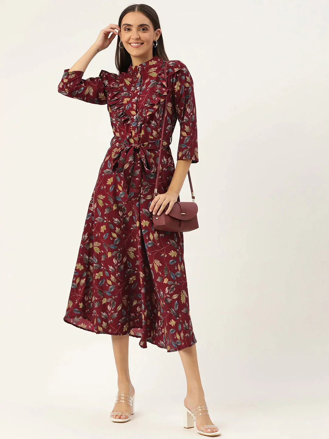 Women's Maroon Flared Printed kurta - Taantav