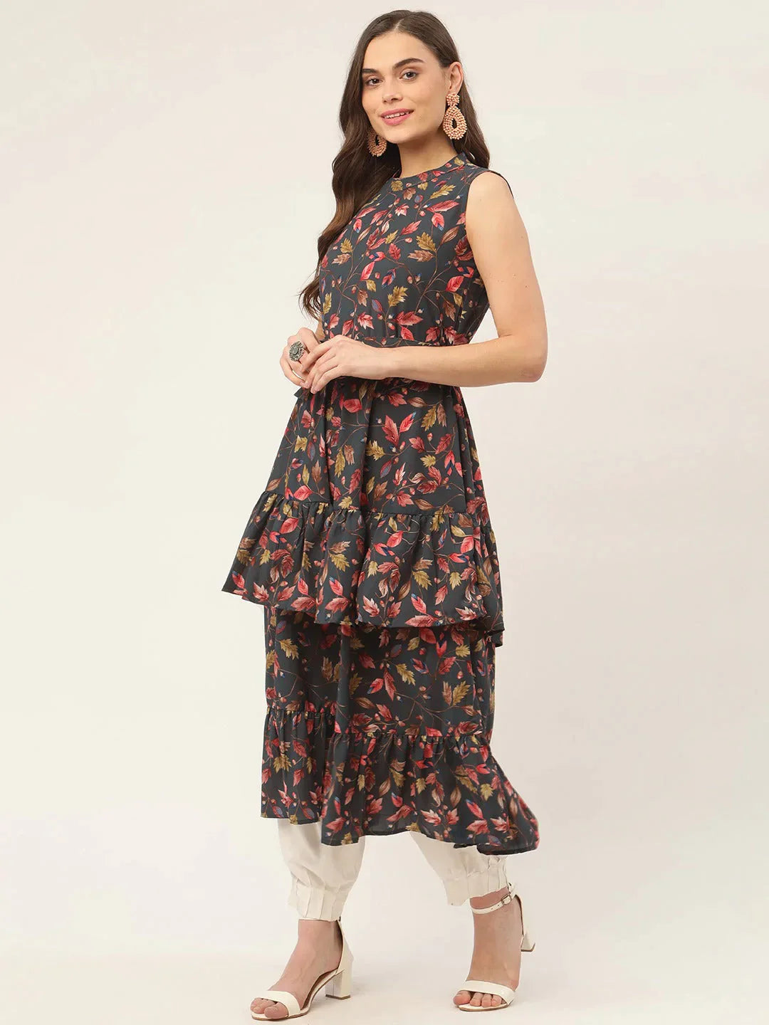 Women's Grey Flared Printed kurta - Taantav