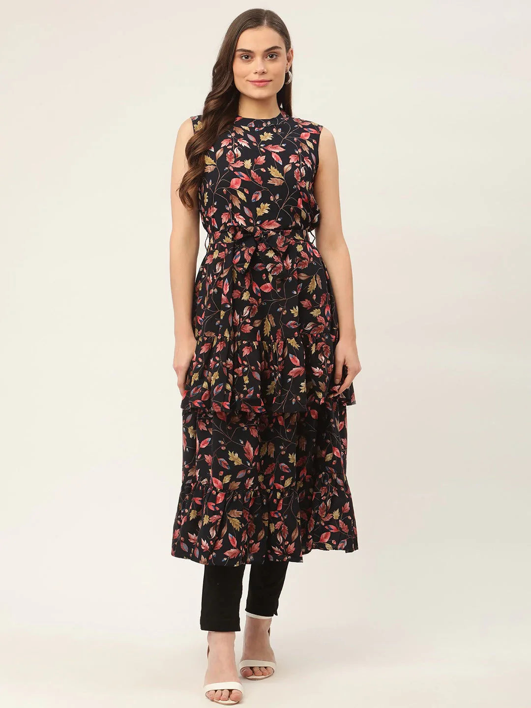 Women's Navy Blue Flared Printed kurta - Taantav