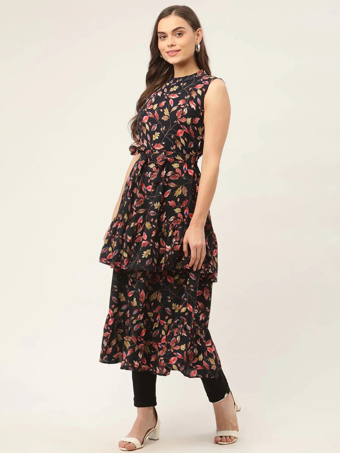 Women's Navy Blue Flared Printed kurta - Taantav