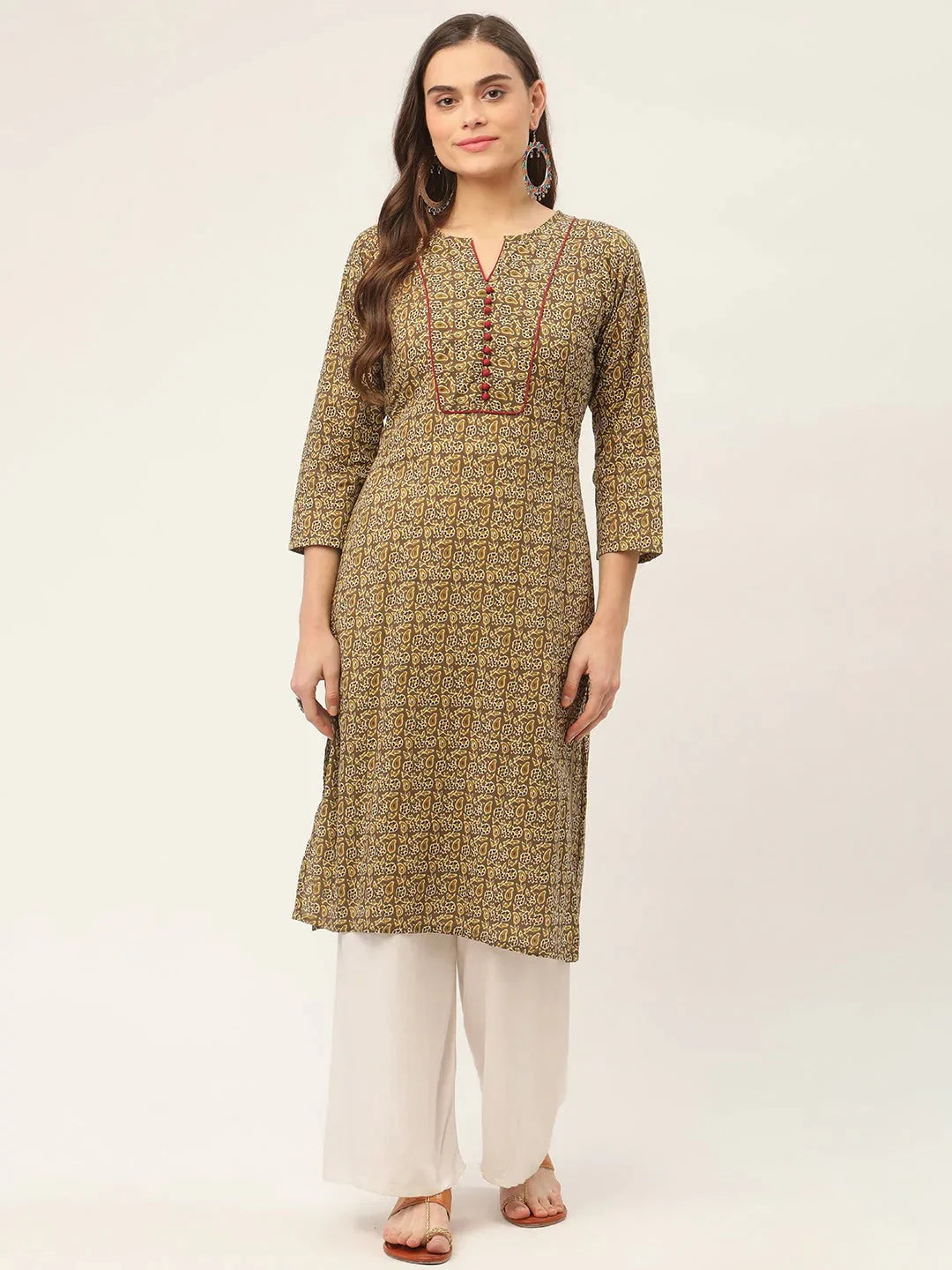 Women's Brown and Olive Printed Straight Pure Cotton Kurta - Taantav