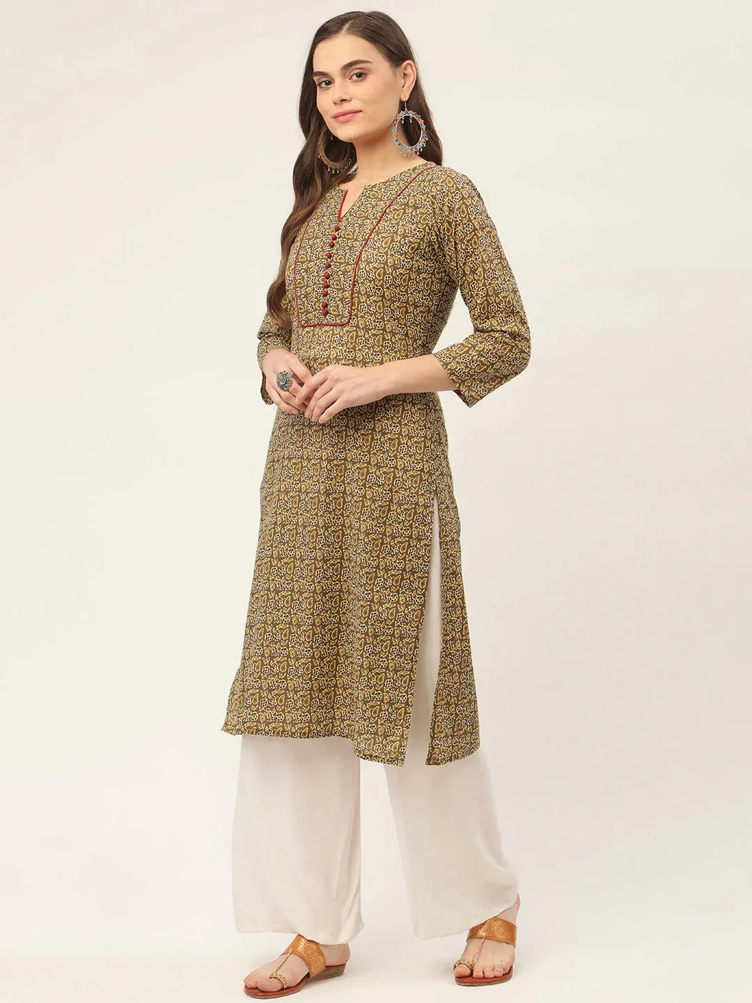 Women's Brown and Olive Printed Straight Pure Cotton Kurta - Taantav