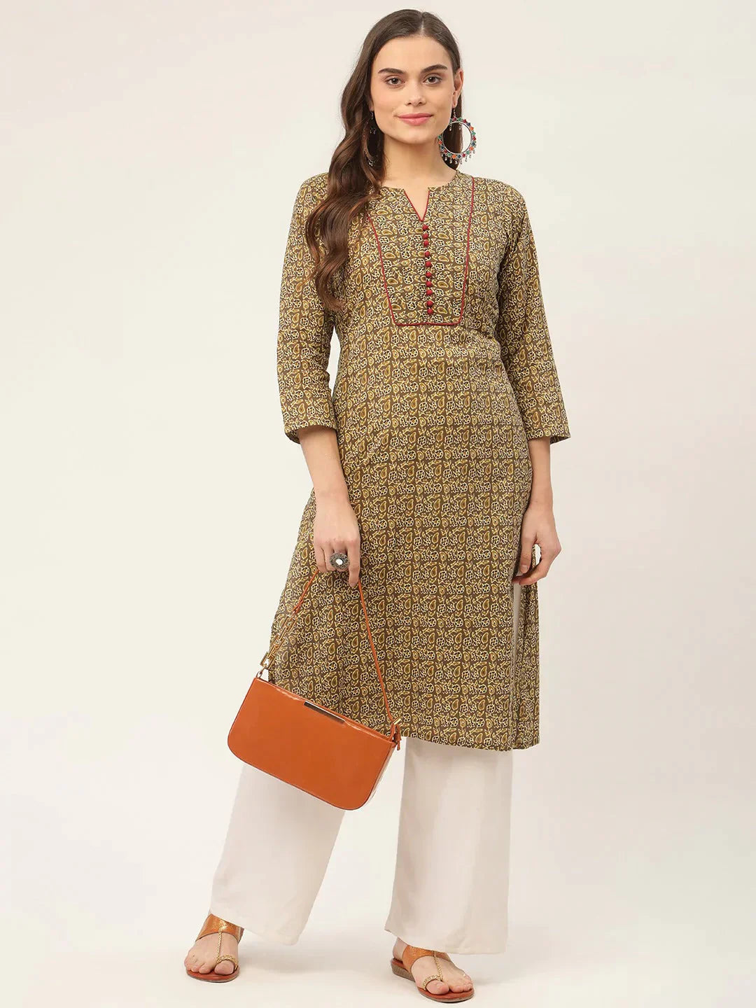 Women's Brown and Olive Printed Straight Pure Cotton Kurta - Taantav