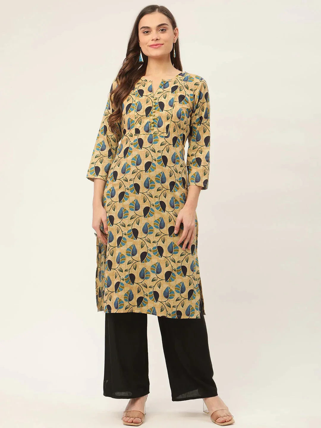 Women's Beige and Navy Printed Straight Pure Cotton Kurta - Taantav