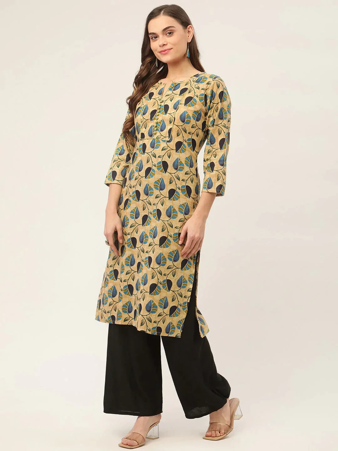 Women's Beige and Navy Printed Straight Pure Cotton Kurta - Taantav