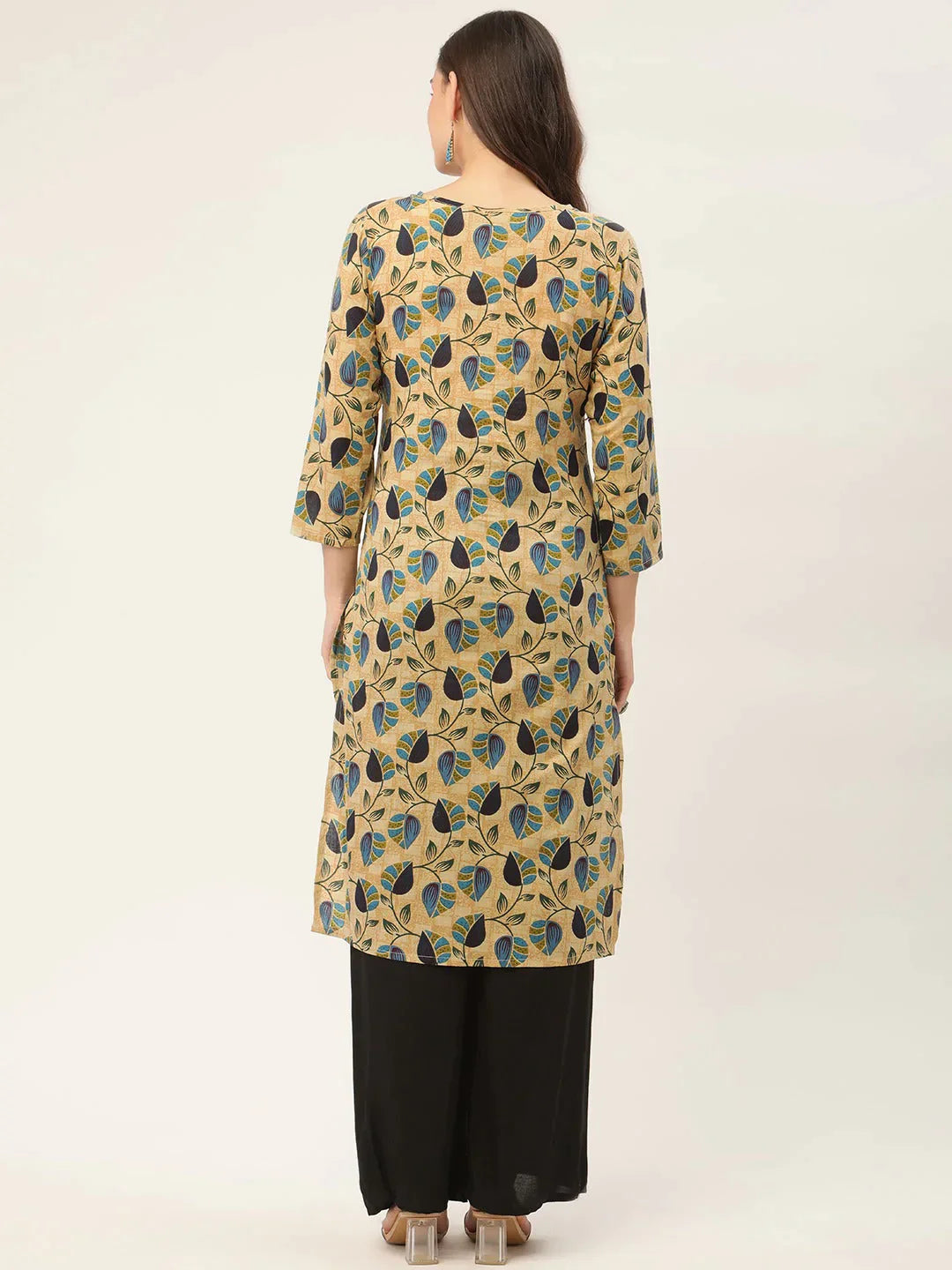 Women's Beige and Navy Printed Straight Pure Cotton Kurta - Taantav