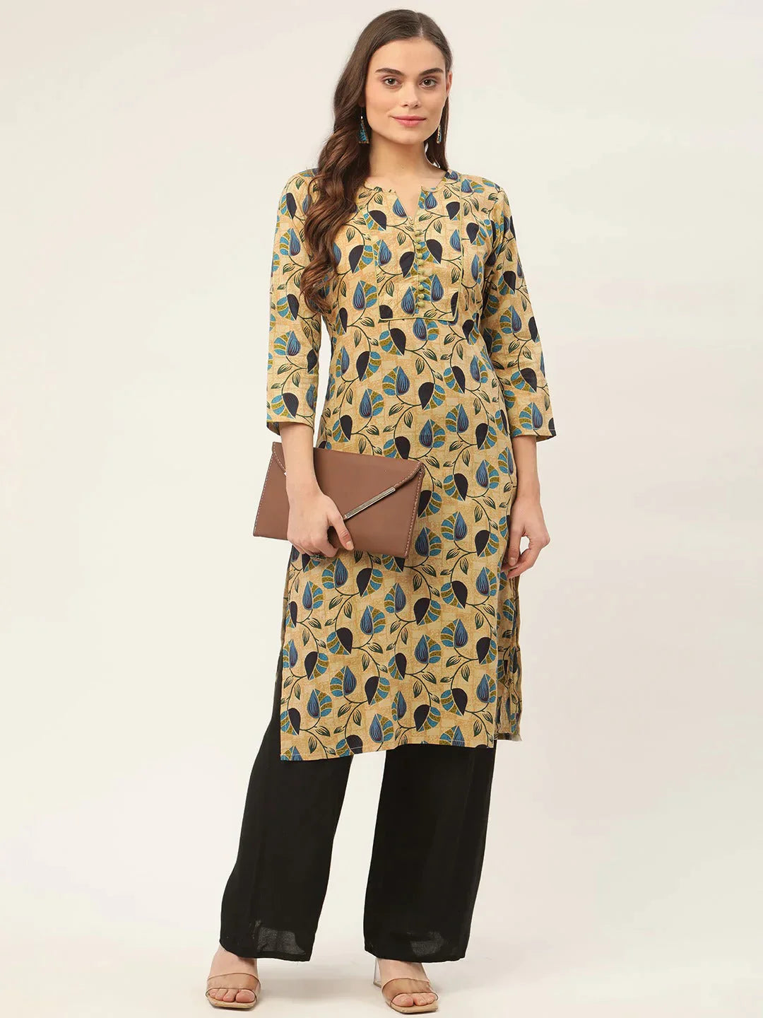 Women's Beige and Navy Printed Straight Pure Cotton Kurta - Taantav