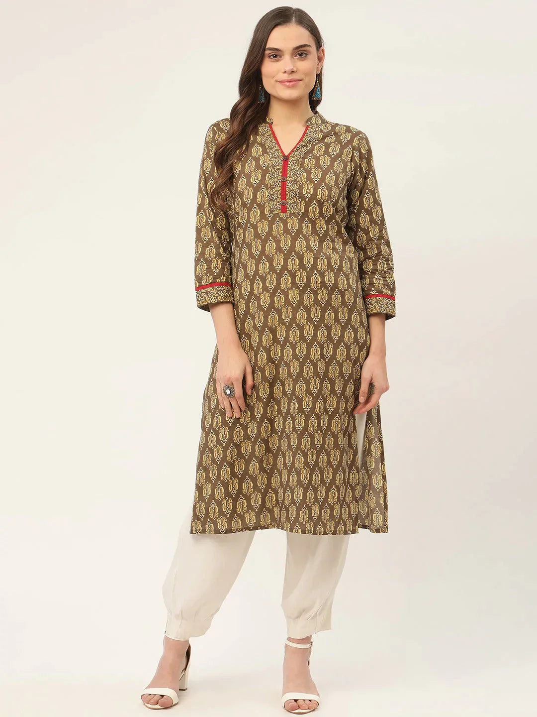 Women's Brown and Olive Printed Straight Pure Cotton Kurta - Taantav