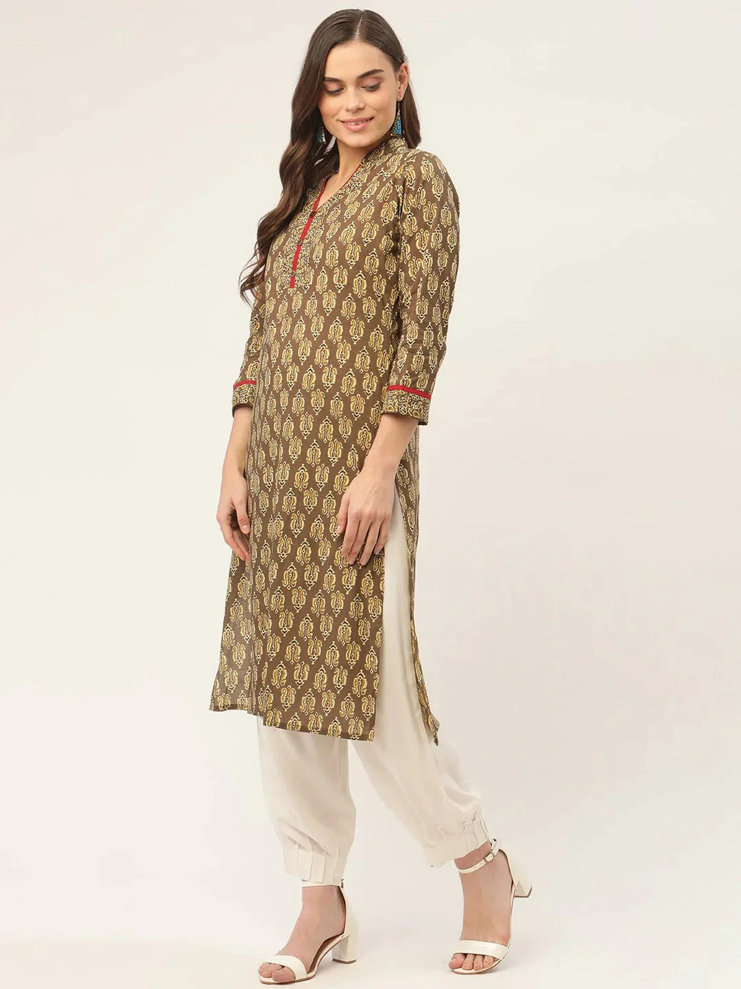 Women's Brown and Olive Printed Straight Pure Cotton Kurta - Taantav