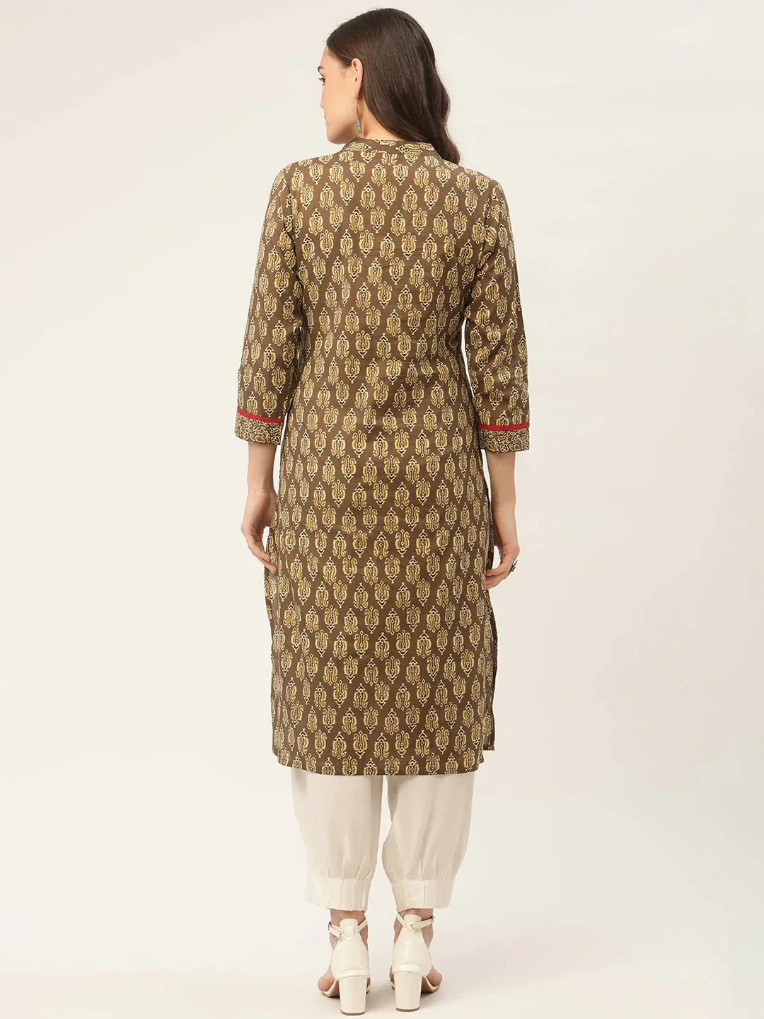 Women's Brown and Olive Printed Straight Pure Cotton Kurta - Taantav