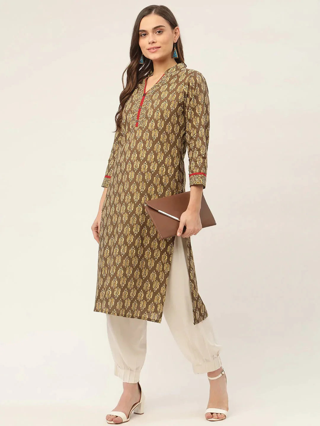 Women's Brown and Olive Printed Straight Pure Cotton Kurta - Taantav