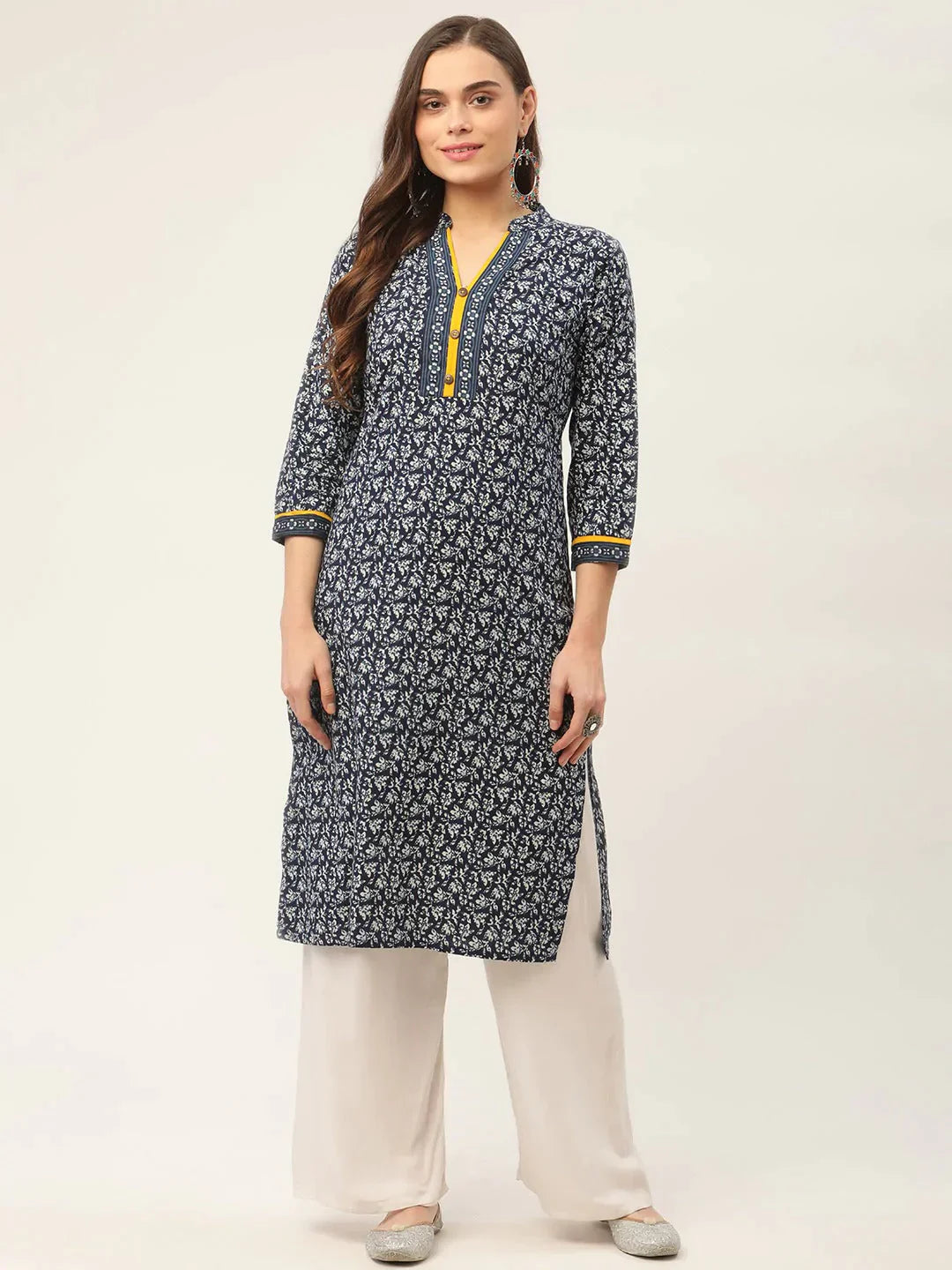 Women's Indigo Blue Printed Straight Pure Cotton Kurta - Taantav