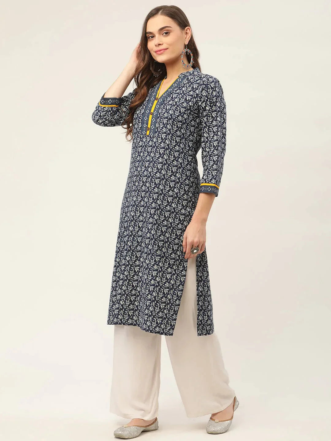 Women's Indigo Blue Printed Straight Pure Cotton Kurta - Taantav