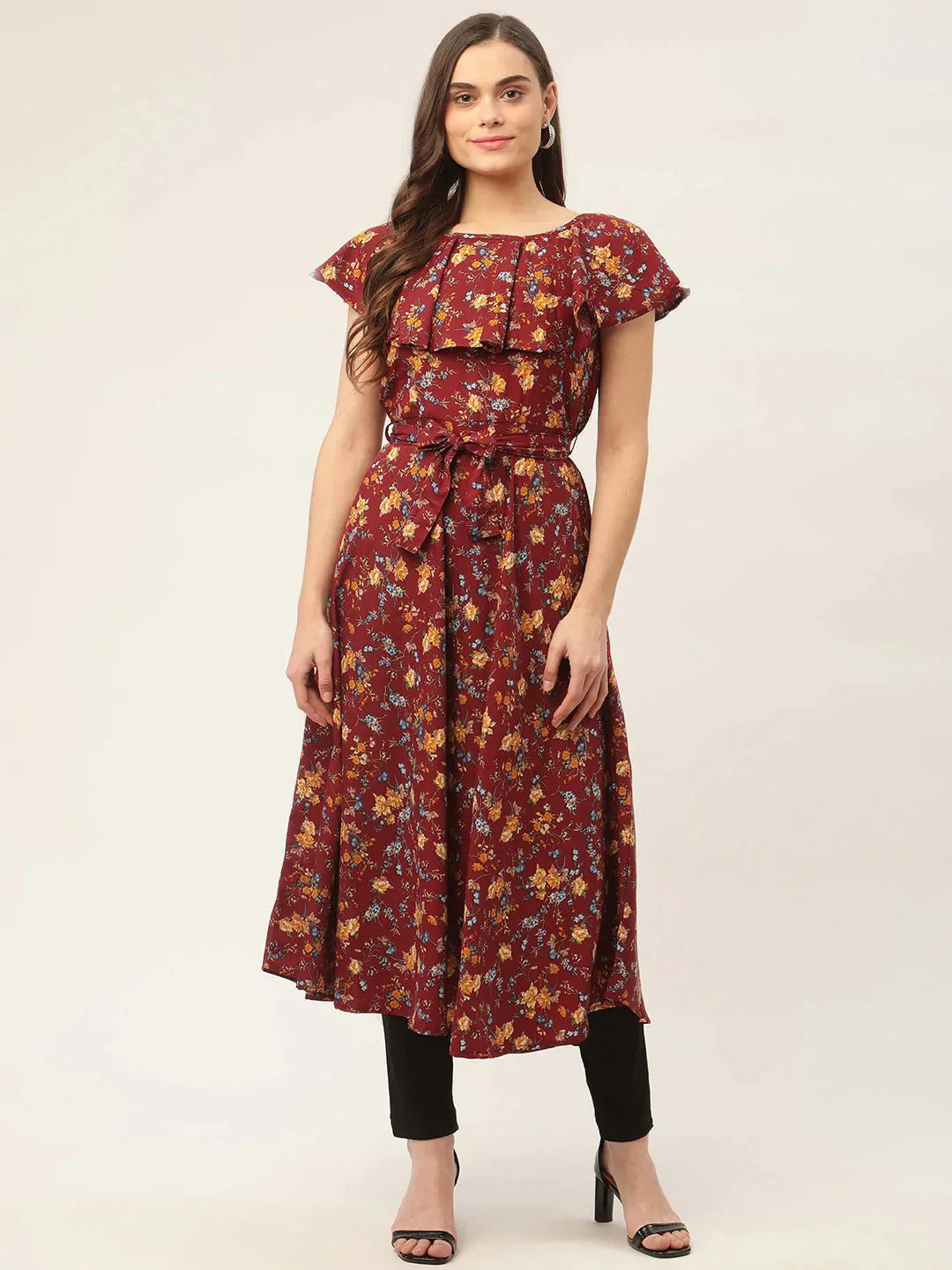 Women's Maroon Flared Printed kurta - Taantav