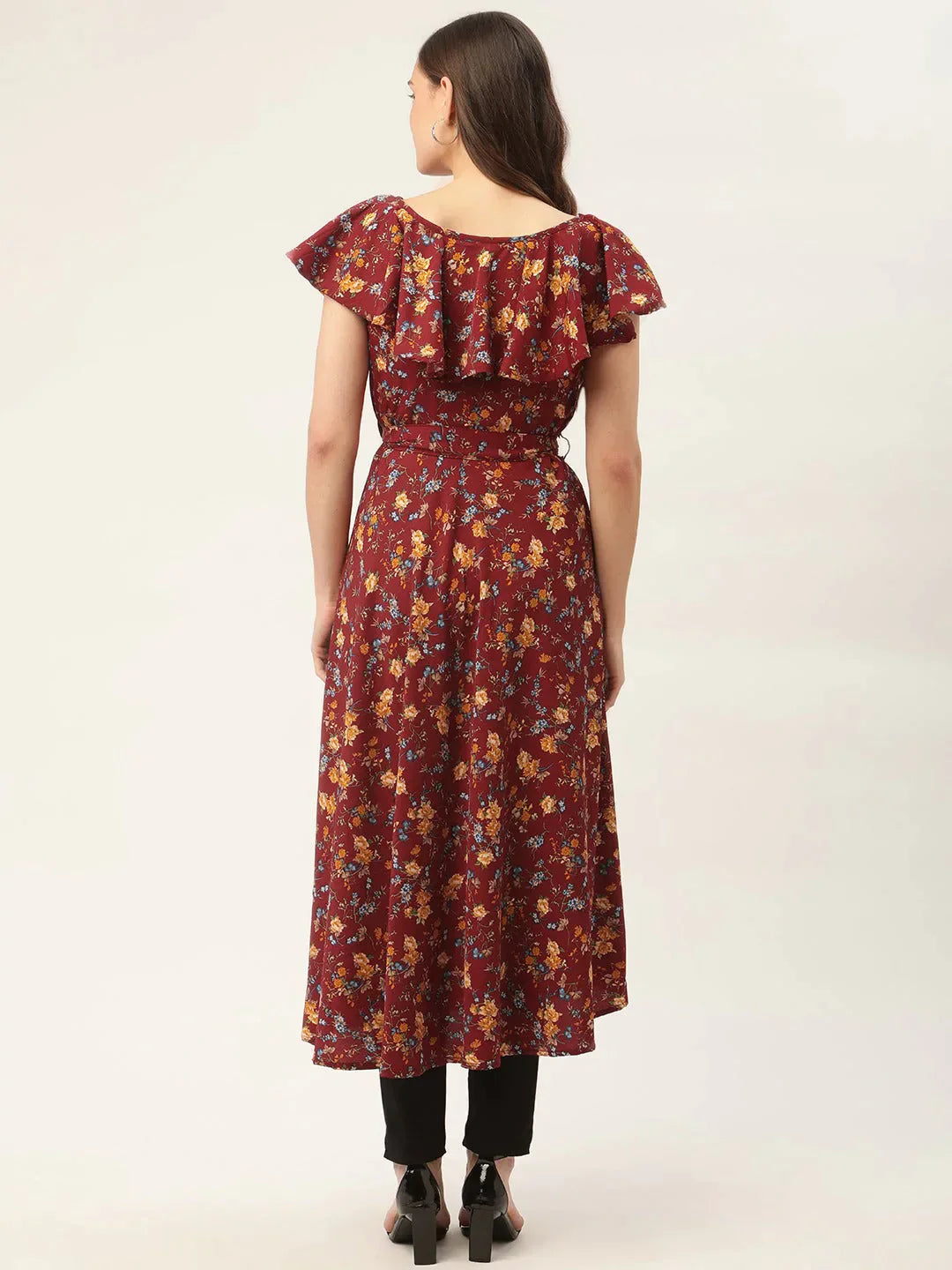 Women's Maroon Flared Printed kurta - Taantav