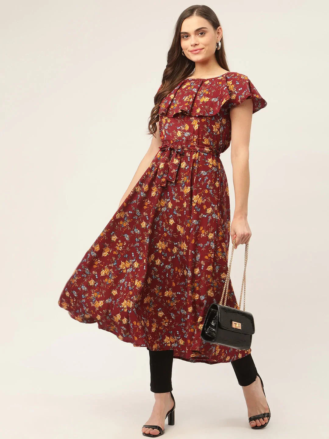 Women's Maroon Flared Printed kurta - Taantav