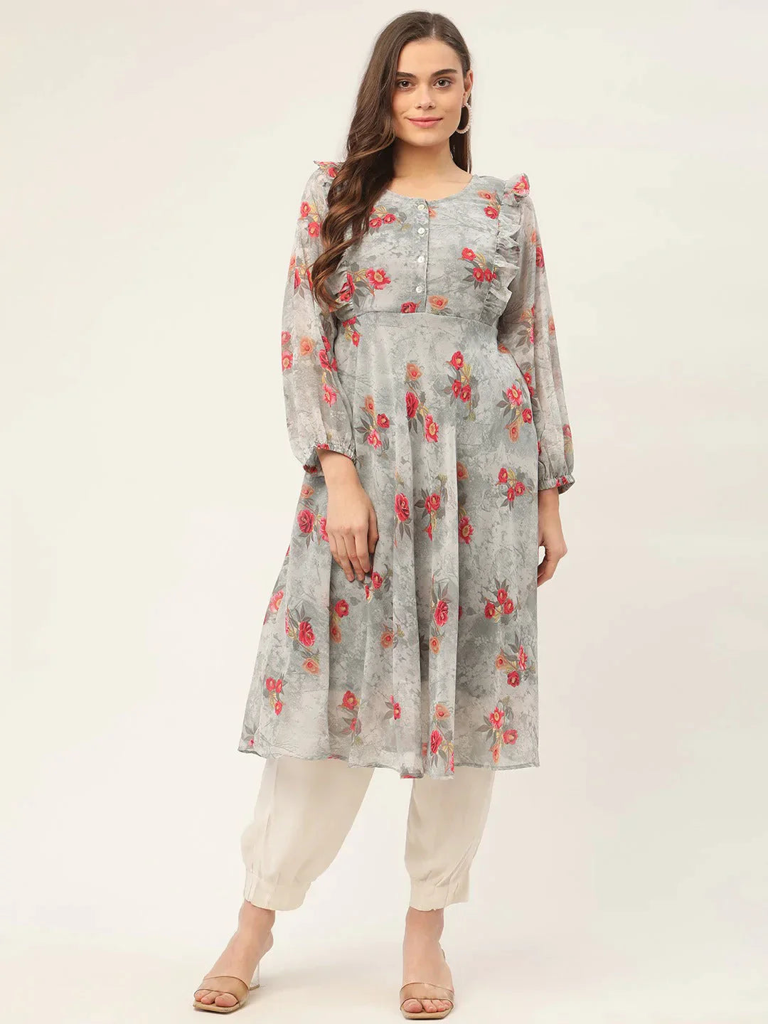 Women's Grey Georgette Flared Printed kurta - Taantav