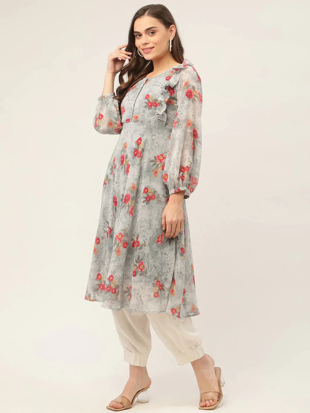 Women's Grey Georgette Flared Printed kurta - Taantav