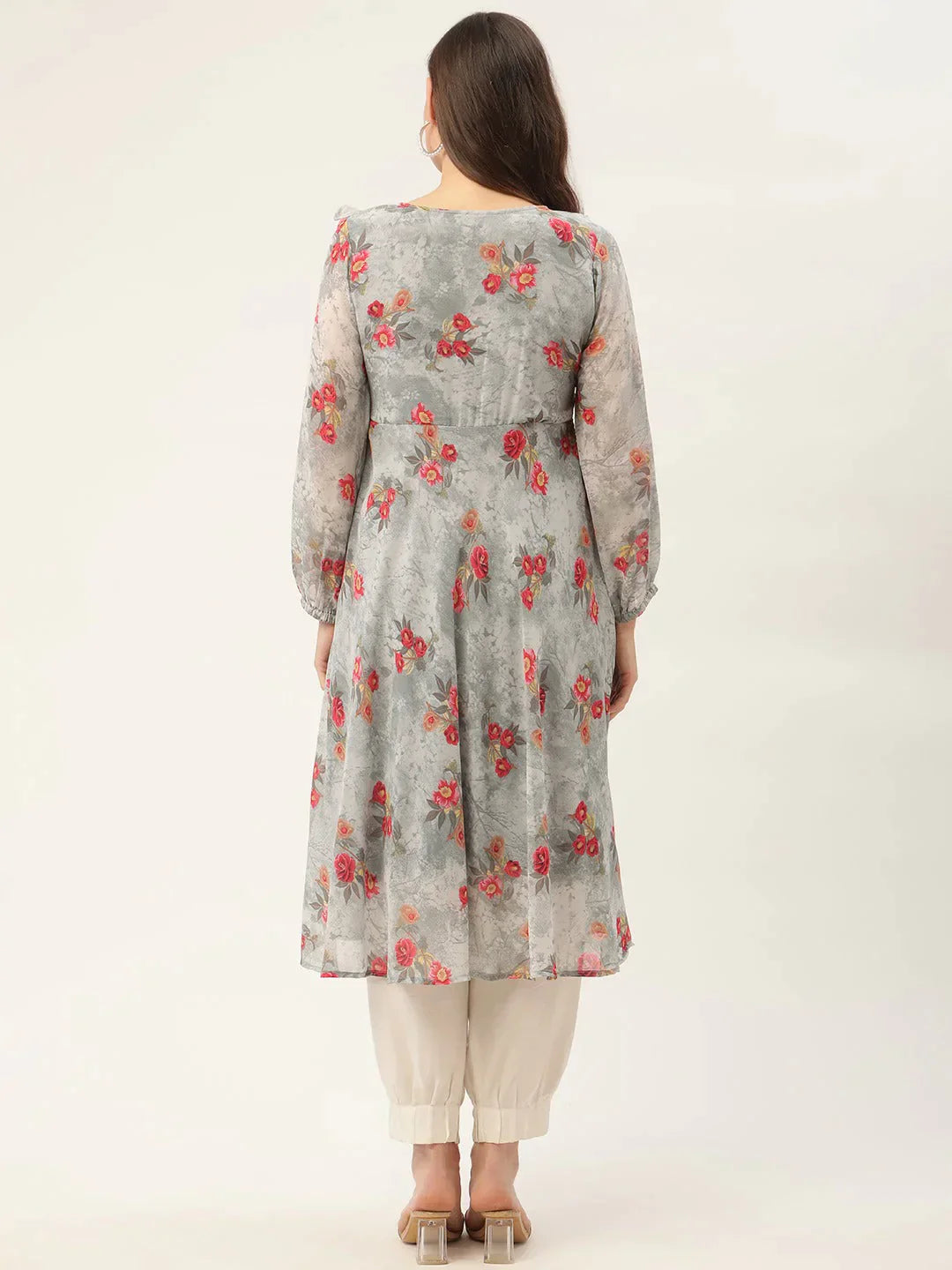 Women's Grey Georgette Flared Printed kurta - Taantav