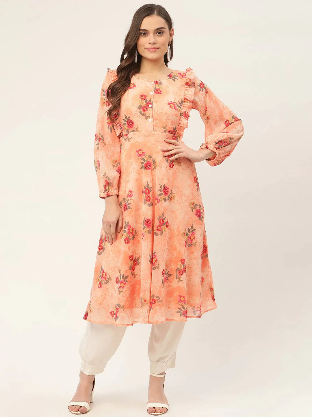 Women's Orange Georgette Flared Printed kurta - Taantav