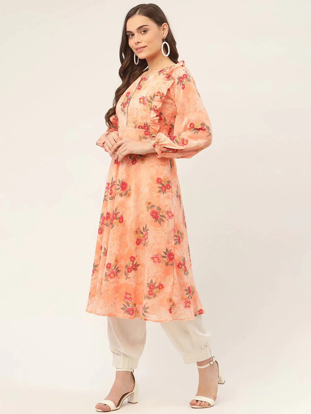 Women's Orange Georgette Flared Printed kurta - Taantav