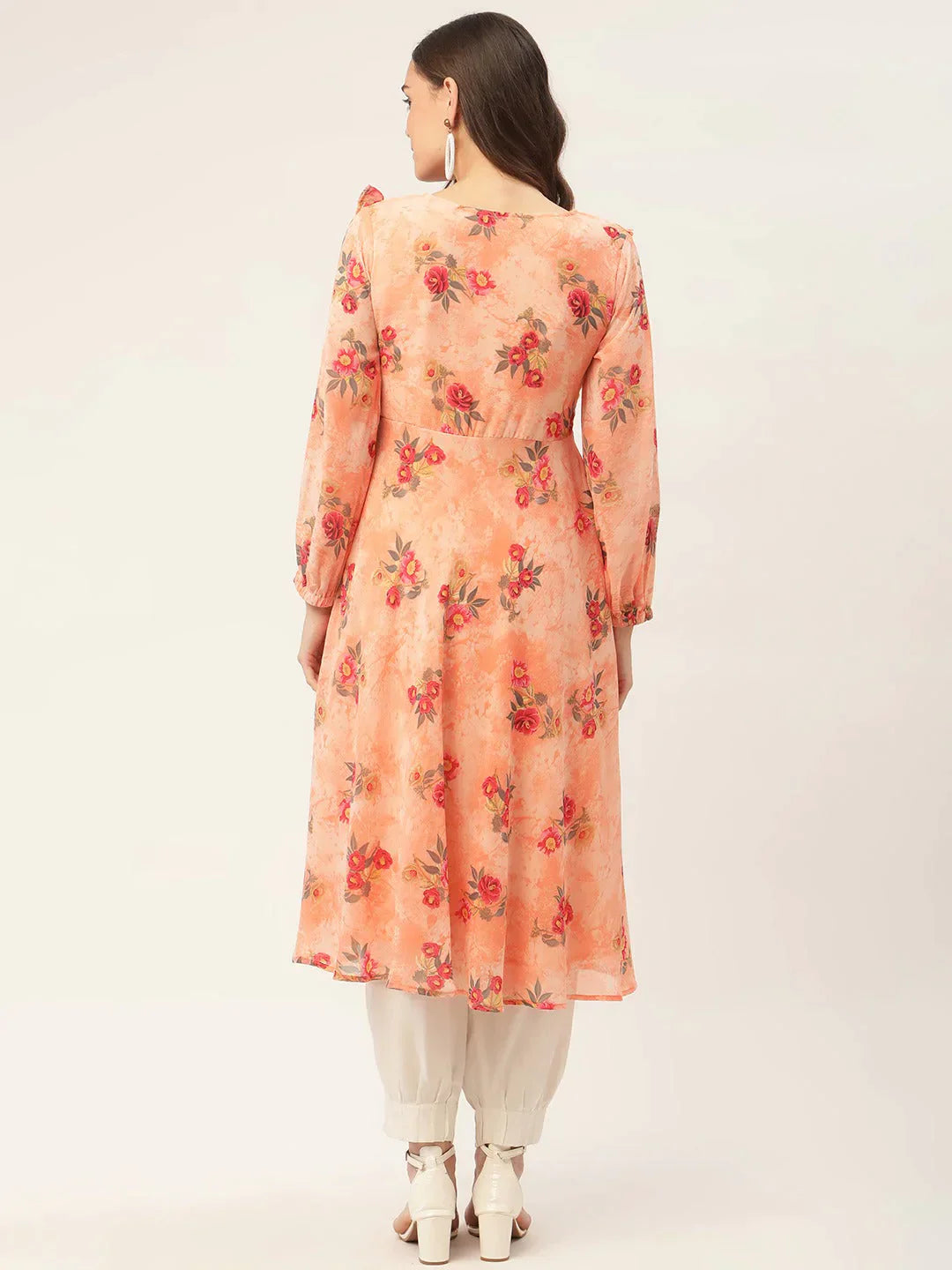 Women's Orange Georgette Flared Printed kurta - Taantav