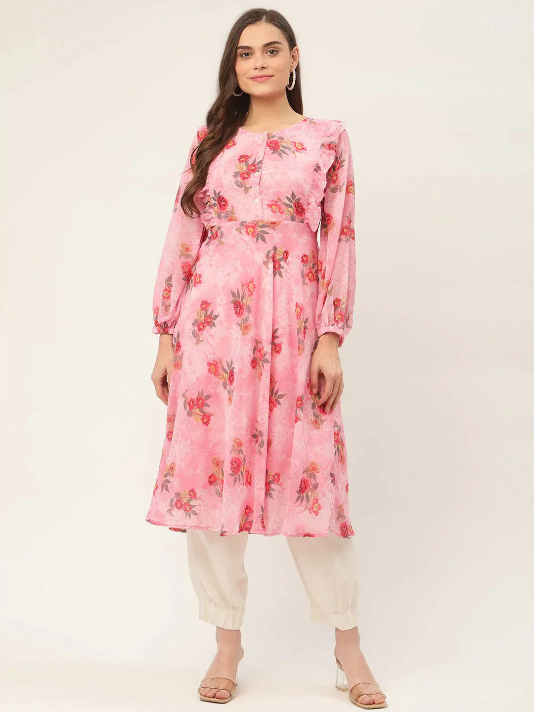 Women's Pink Georgette Flared Printed kurta - Taantav