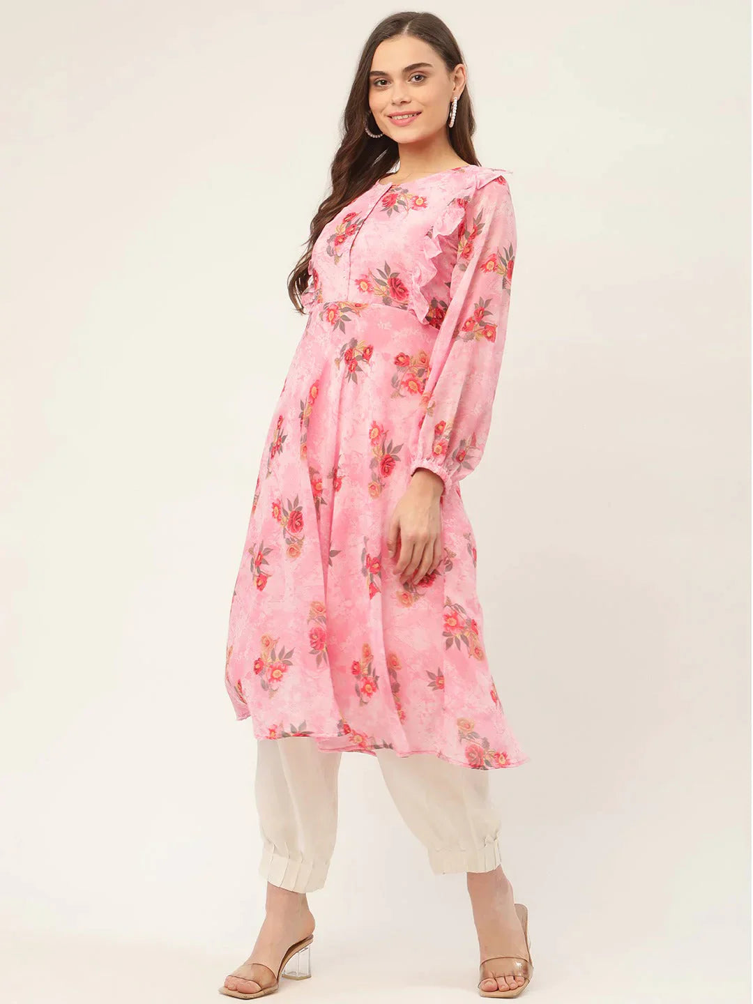 Women's Pink Georgette Flared Printed kurta - Taantav