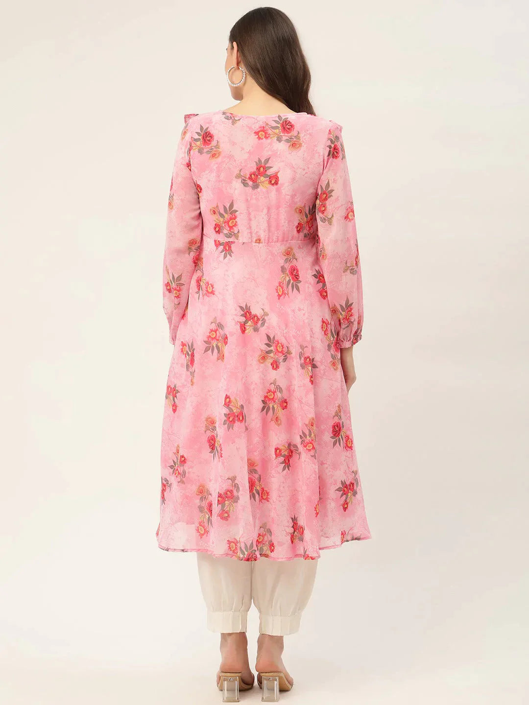 Women's Pink Georgette Flared Printed kurta - Taantav