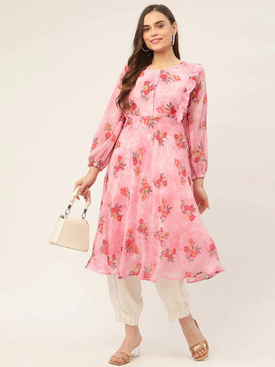 Women's Pink Georgette Flared Printed kurta - Taantav