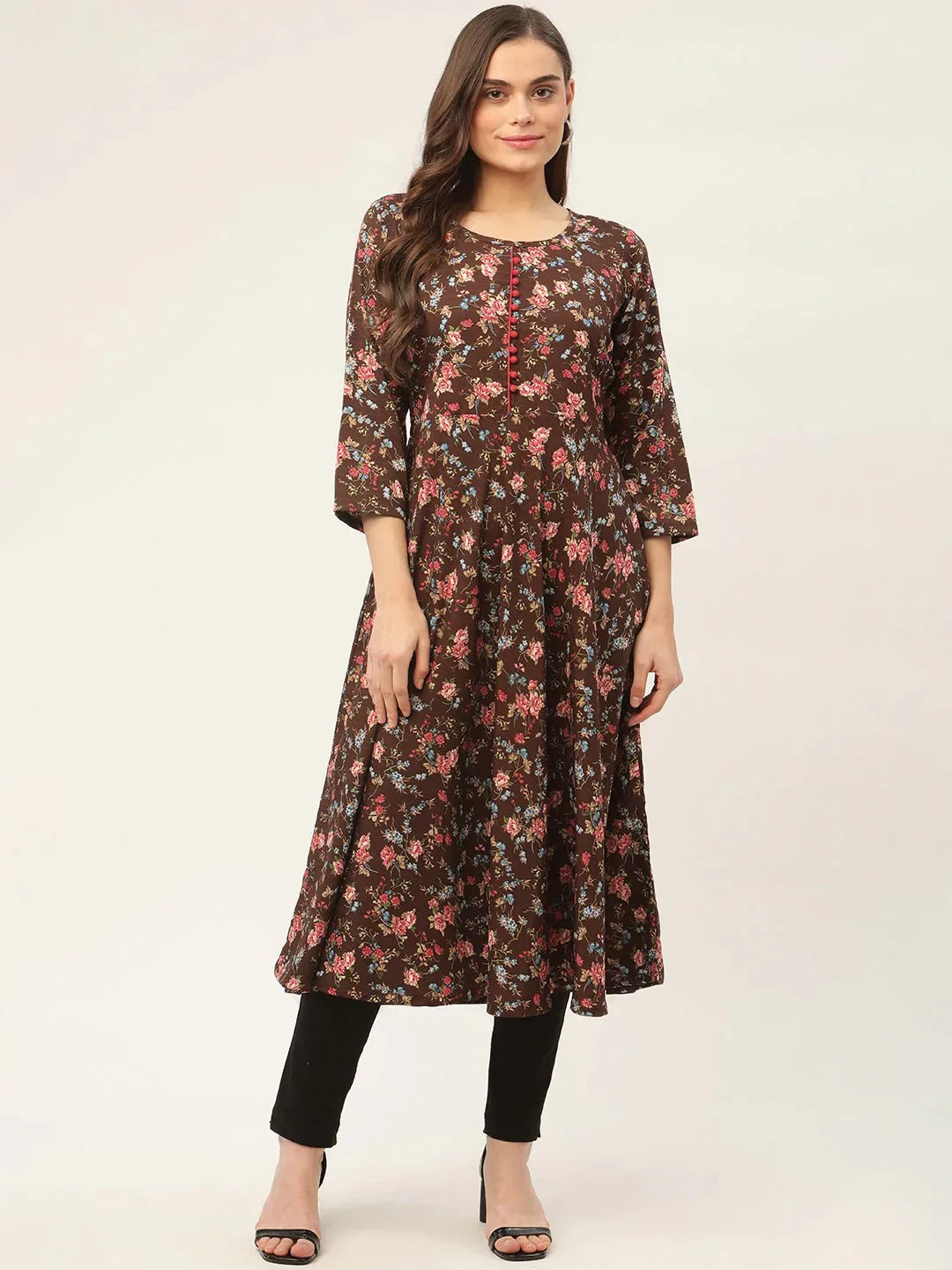 Women's Brown Flared Printed kurta - Taantav