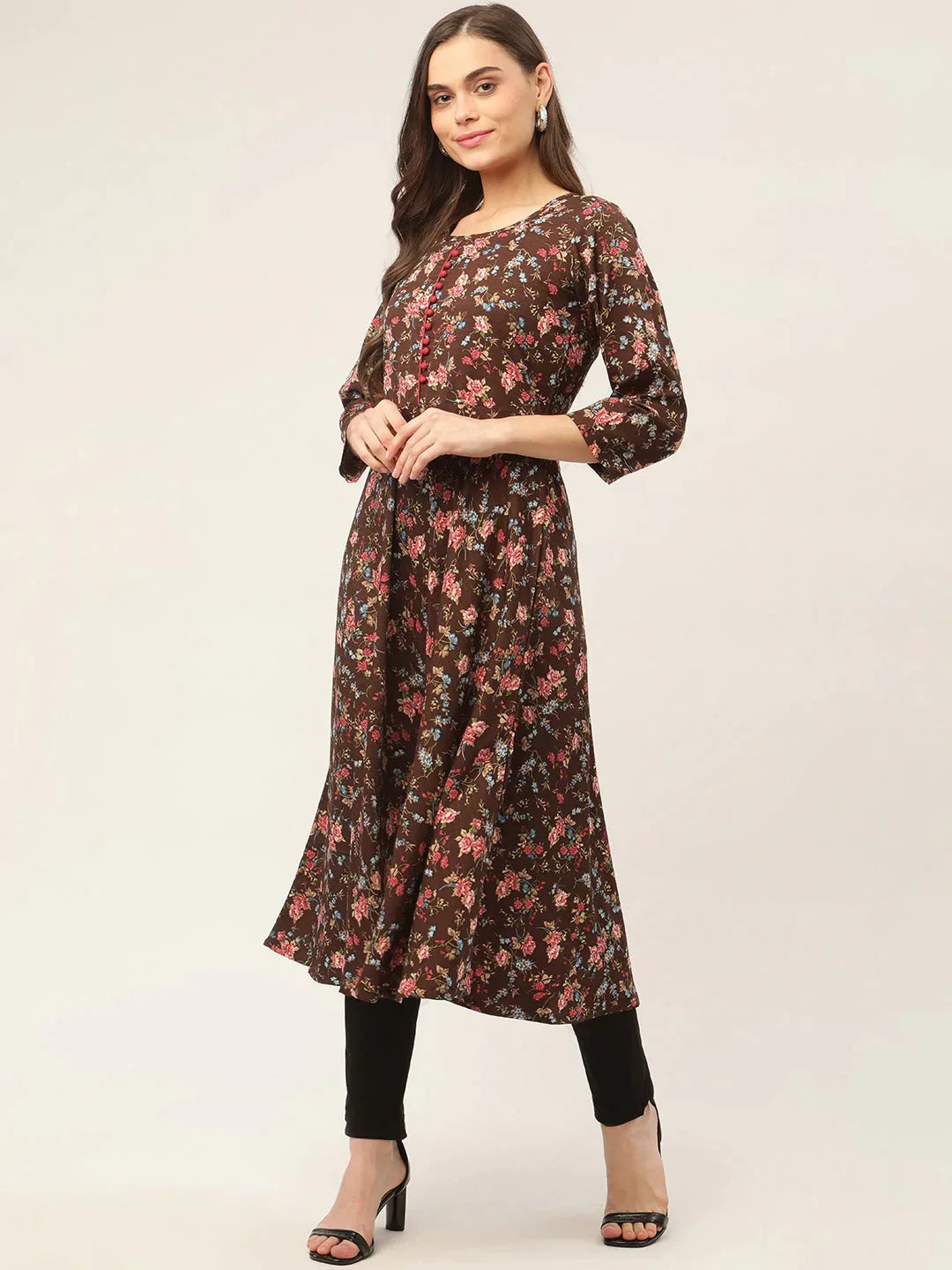 Women's Brown Flared Printed kurta - Taantav