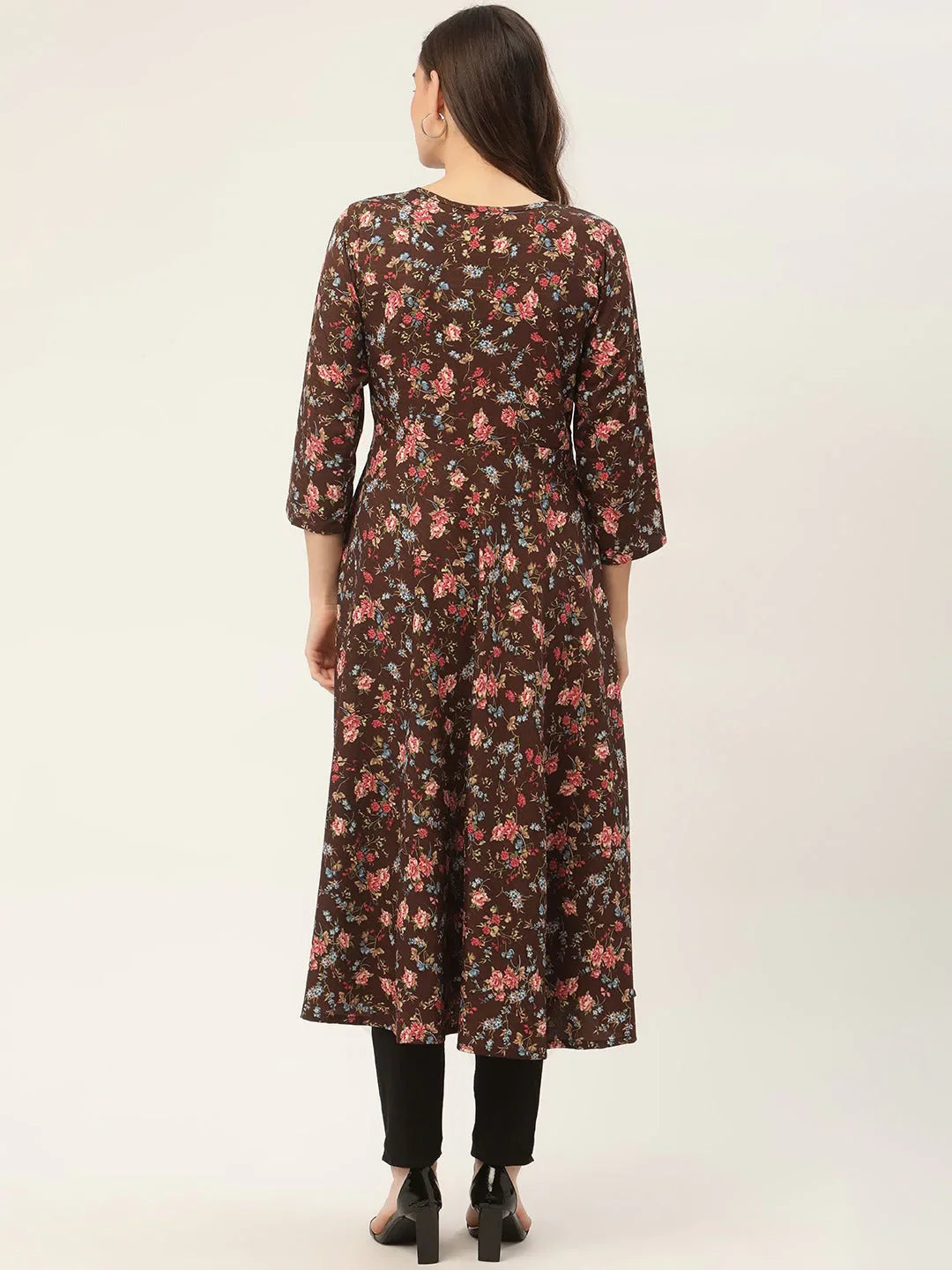 Women's Brown Flared Printed kurta - Taantav