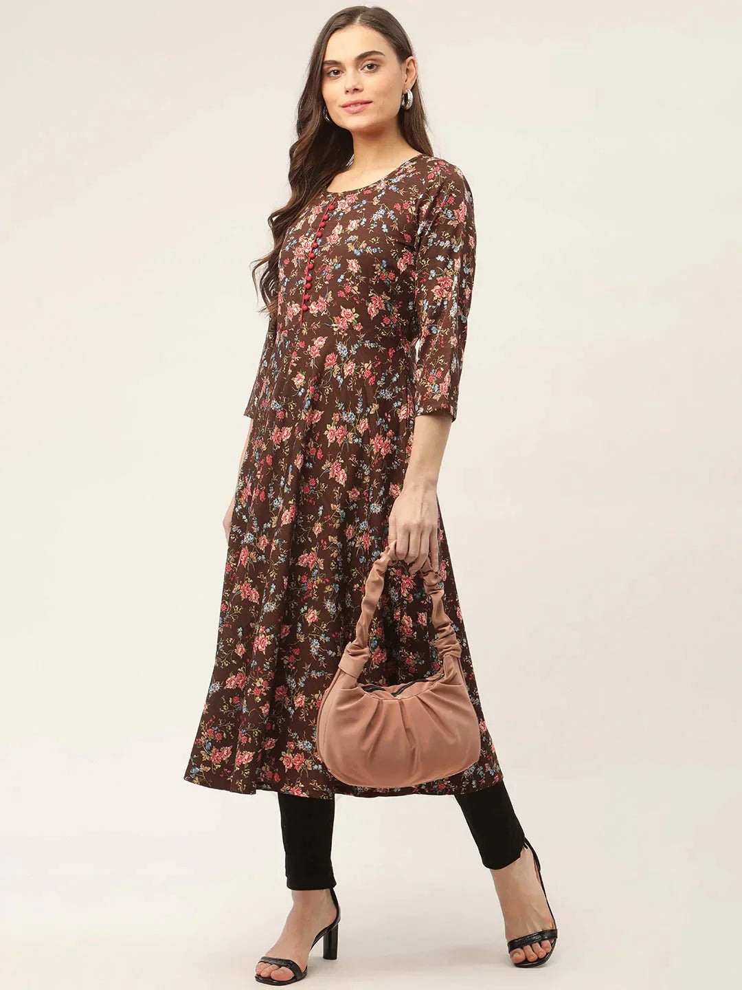 Women's Brown Flared Printed kurta - Taantav