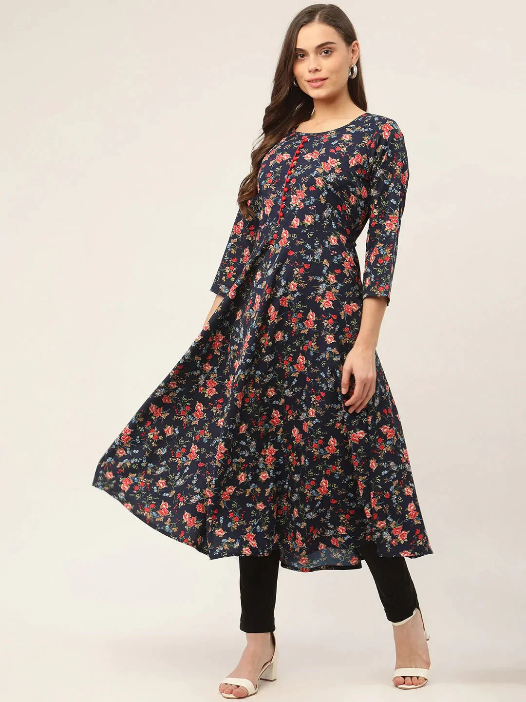 Women's Navy Blue Flared Printed kurta - Taantav