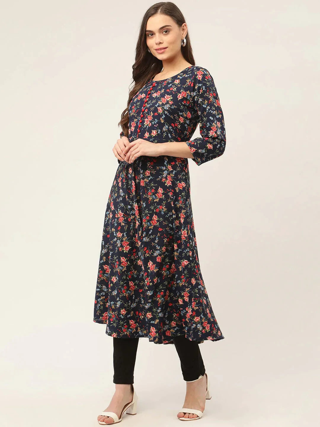 Women's Navy Blue Flared Printed kurta - Taantav